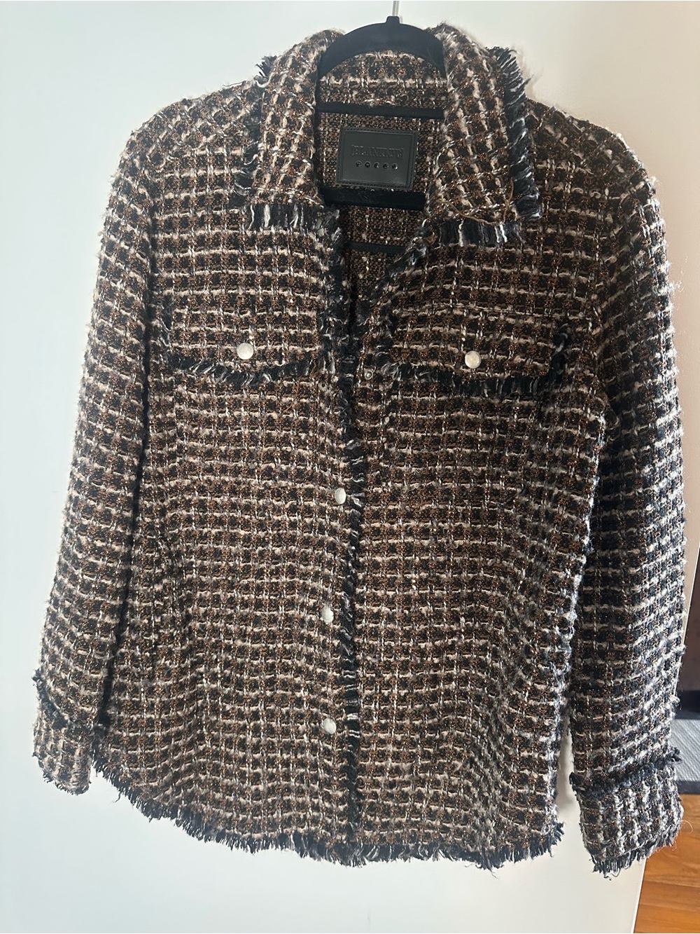 Blank NYC Copper, Brown, and Black Tweed Frayed Snap Jacket